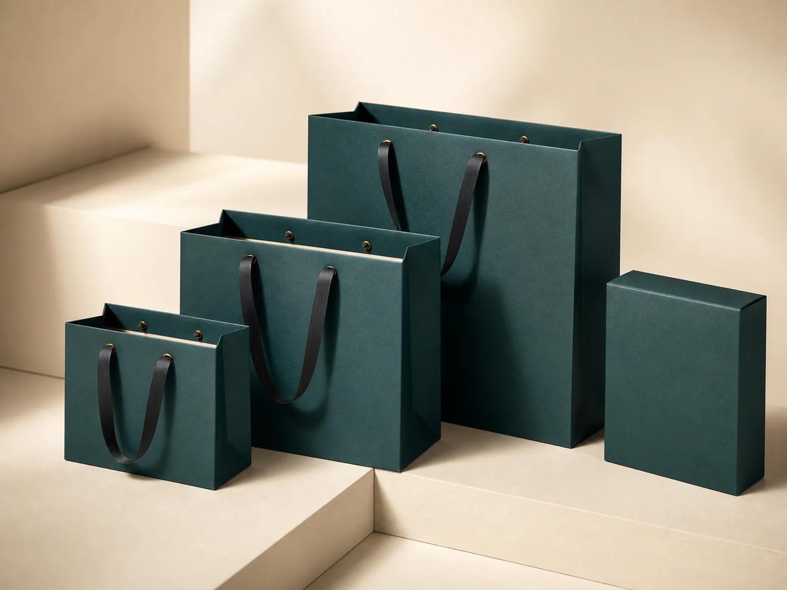 Ivory and deep teal custom paper bags with reinforced tops and securely threaded handles