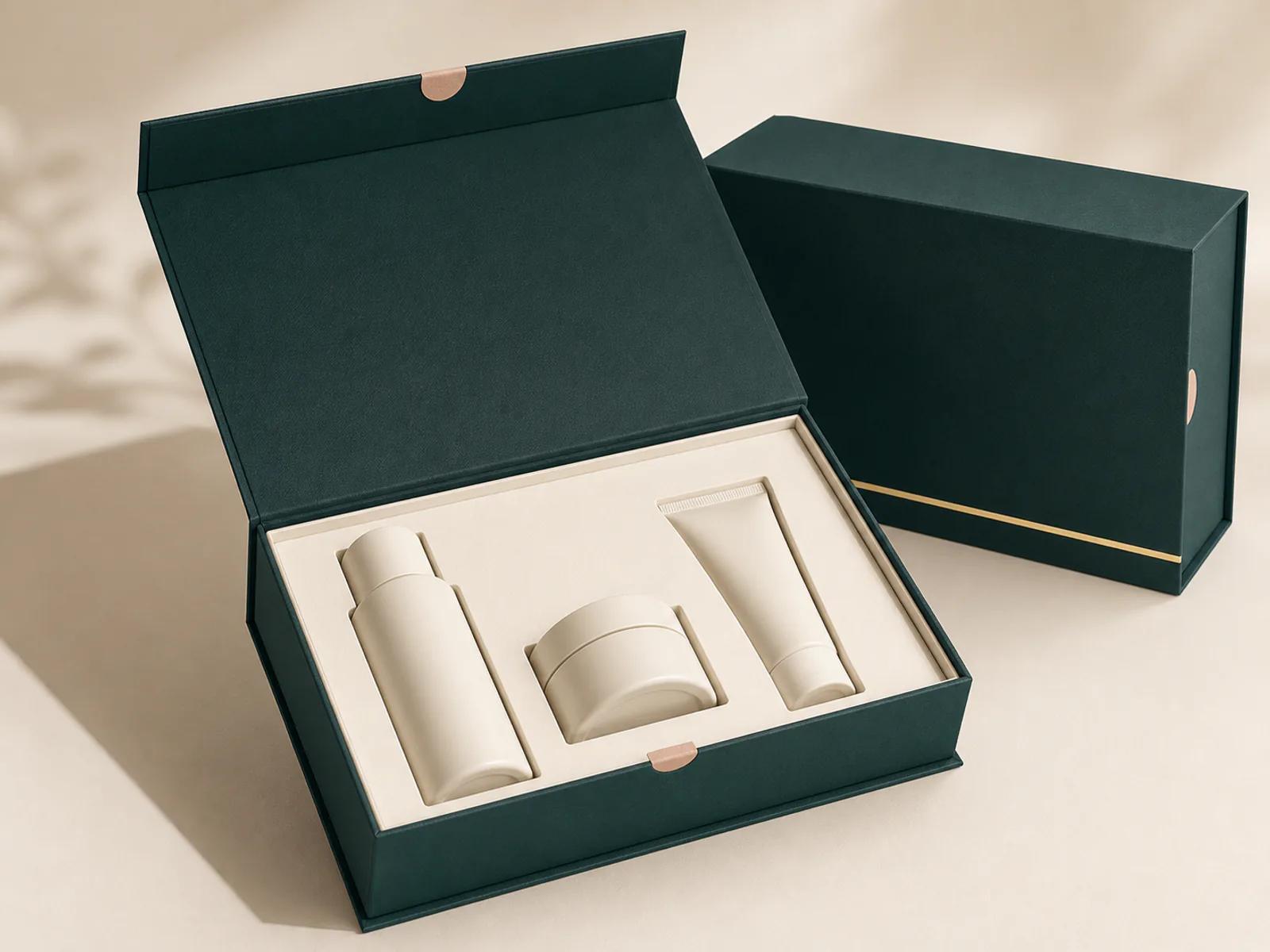 Ivory cosmetic rigid gift box with fitted paperboard insert and unbranded skincare containers