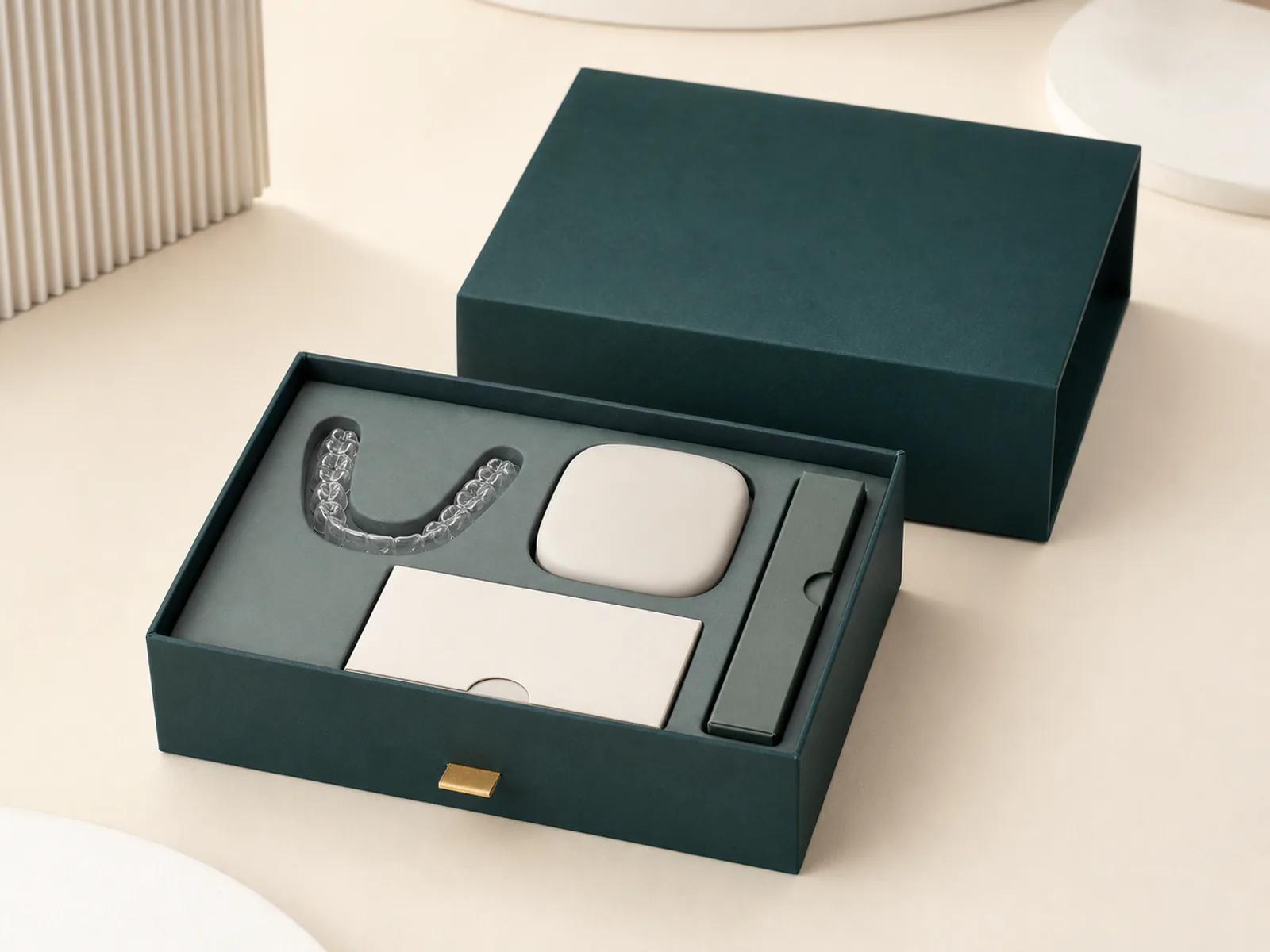 Deep teal dental aligner kit box with organized paper compartments and neutral contents