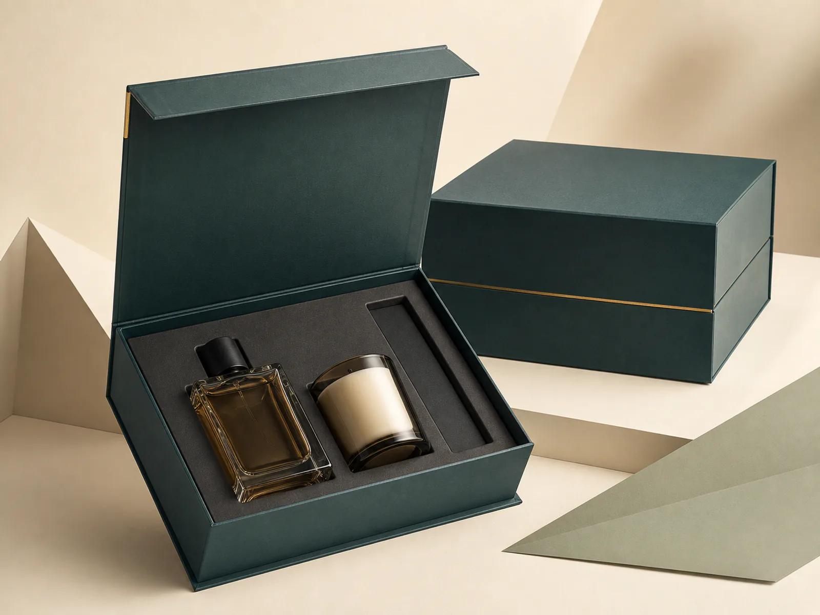 Deep teal fragrance and candle box with protective fitted insert and unbranded vessels