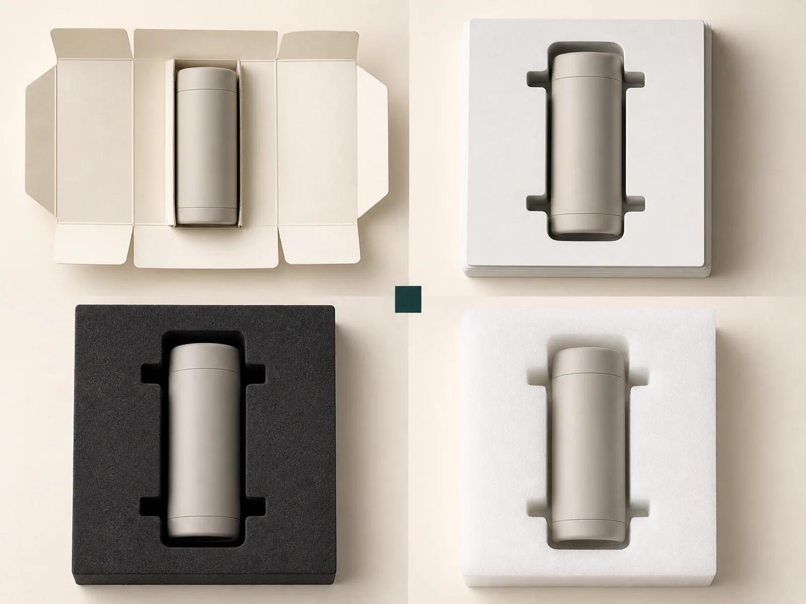 Folded paperboard tray and divider with EVA and foam insert concepts compared around neutral products