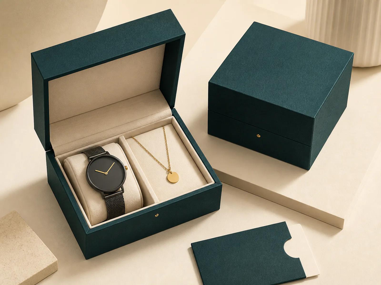Compact jewelry and watch gift boxes with refined paper wraps and fitted presentation inserts