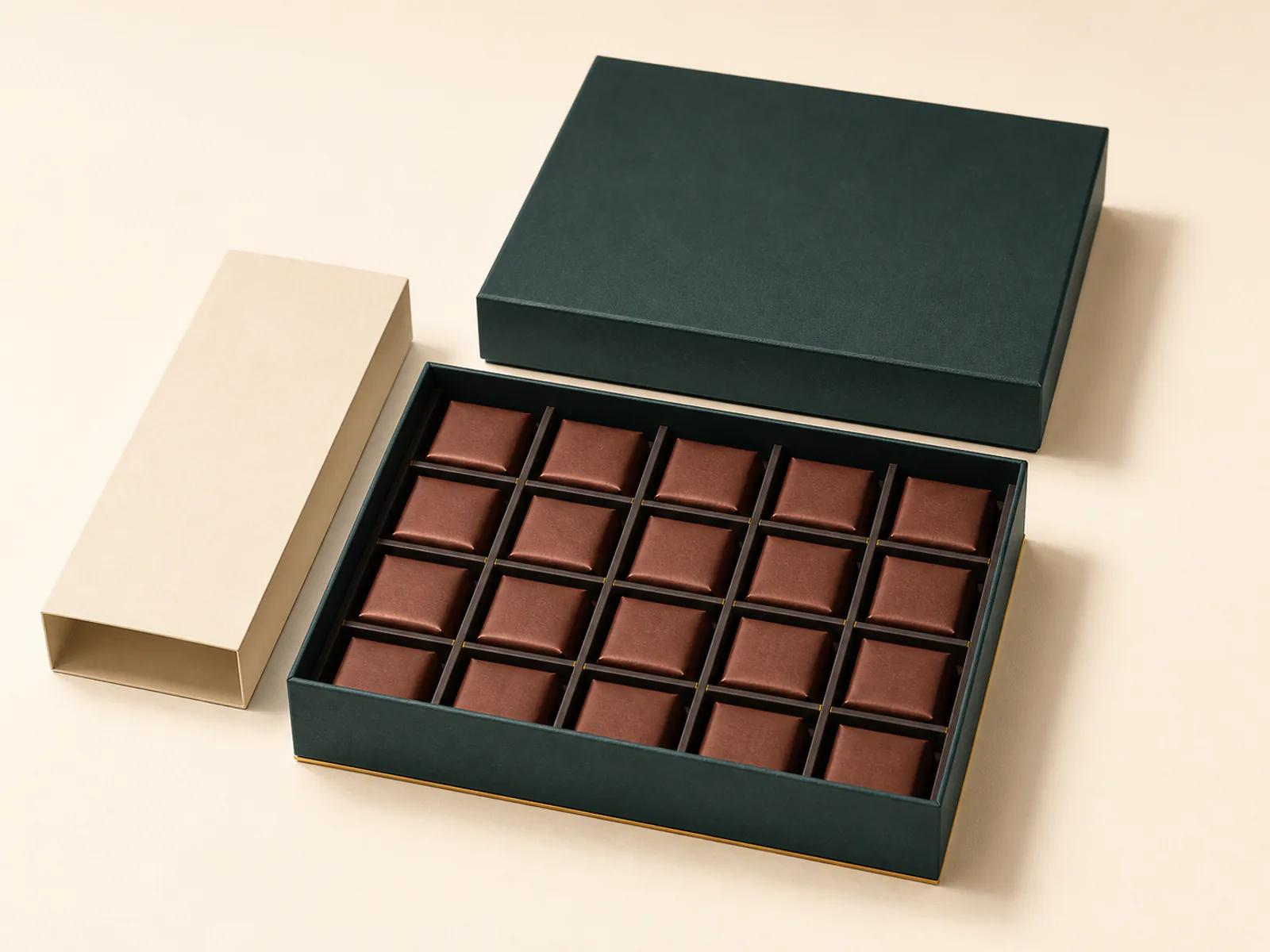 Ivory chocolate gift box with paper outer packaging and compartmented paper insert