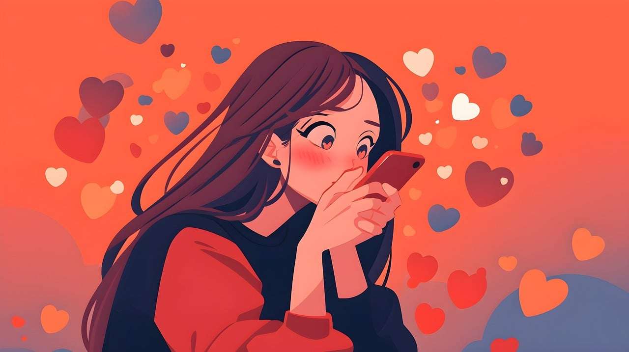 ai generated, girl texting, hearts in the background, red theme, anime