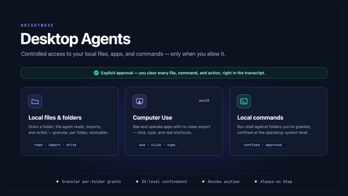 Desktop Agents — controlled access to your local files, apps, and commands