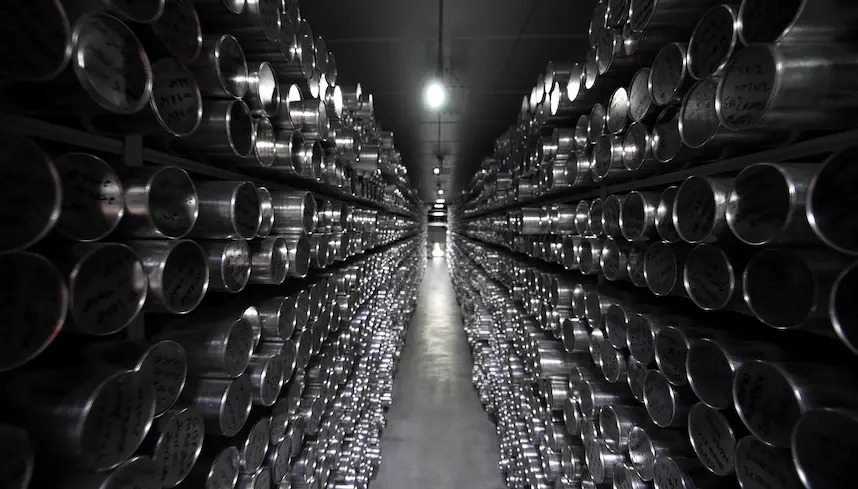 Shelves with silver cylindrical containers recede into the background of a dark indoor space