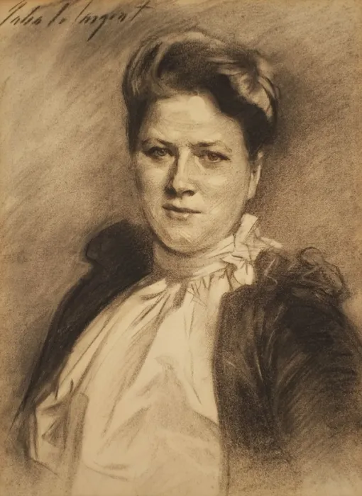 Detailed charcoal drawing of a woman, visible from the waist up, looking directly at the viewer. She wears a high-necked white shirt and darker coat.