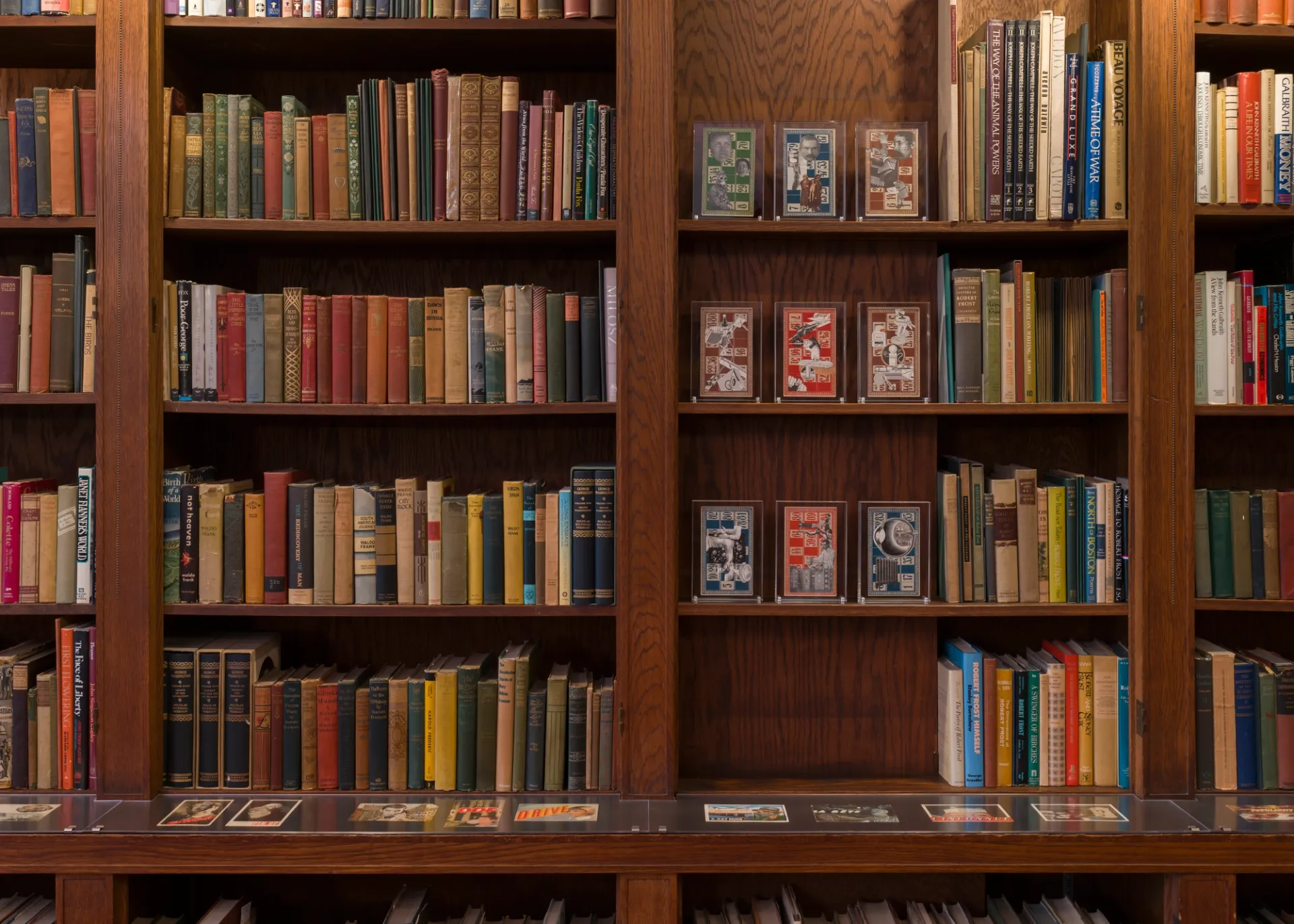 Collages stand on wooden bookshelves next to books; Other collages along bookshelf ledge below