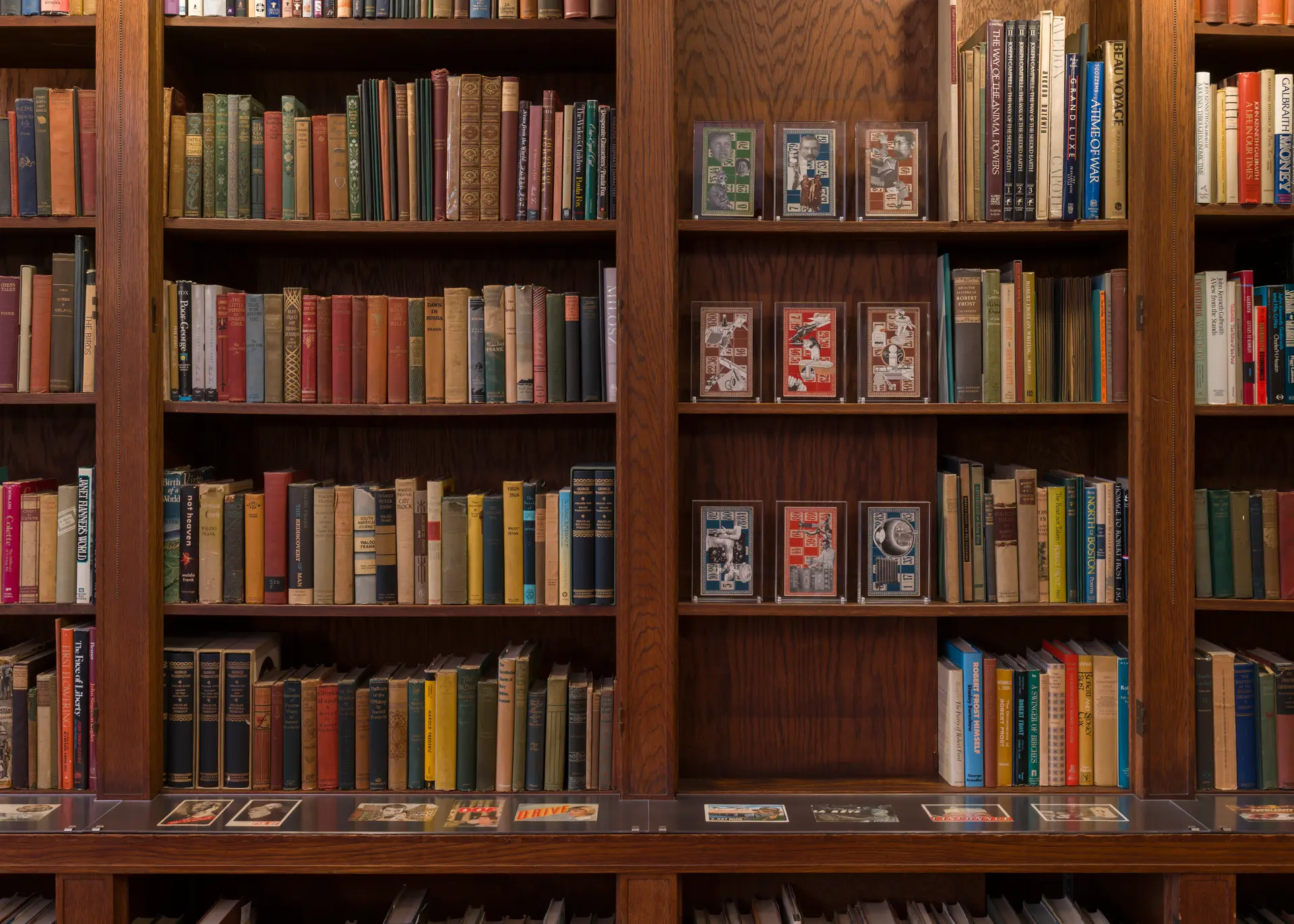 Collages stand on wooden bookshelves next to books; Other collages along bookshelf ledge below