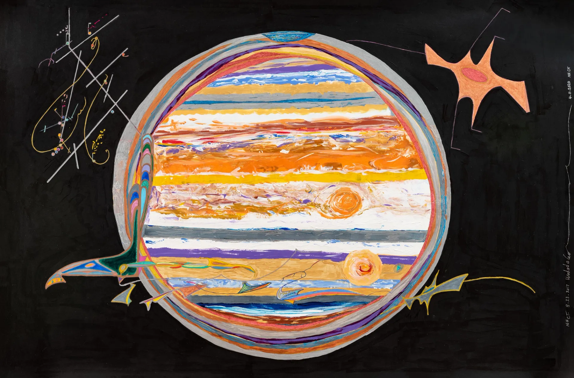 A painting of the planet Jupiter floating in black space, surrounded by abstract shapes in shades of orange, yellow, blue, and green. A colorful music notation in Wadada Leo Smith's personal style emerges from the left side of the planet.