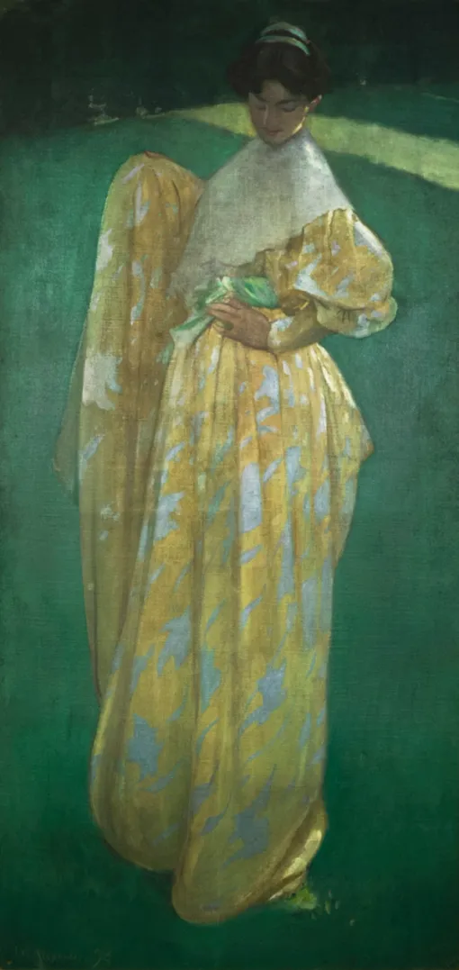 Vertical painting of a woman posed with one hand on her hip and the other holding the skirt of her long yellow dress. She stands against a grassy background.