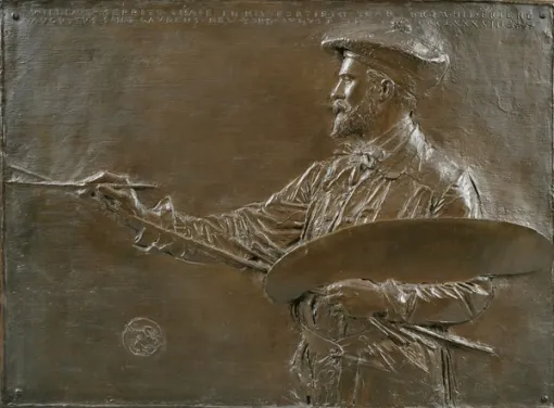 Bronze relief depicting a bearded man wearing a cap shown in profile, looking in the direction of his outstretched right hand, which holds a paintbrush. His left arm cradles a large painter’s palette and his left hand holds a long stick that supports his right arm at the wrist. 