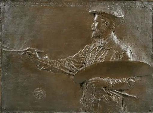 Bronze relief depicting a bearded man wearing a cap shown in profile, looking in the direction of his outstretched right hand, which holds a paintbrush. His left arm cradles a large painter’s palette and his left hand holds a long stick that supports his right arm at the wrist.