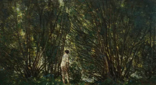 Painting of a nude figure walking through a dense forest
