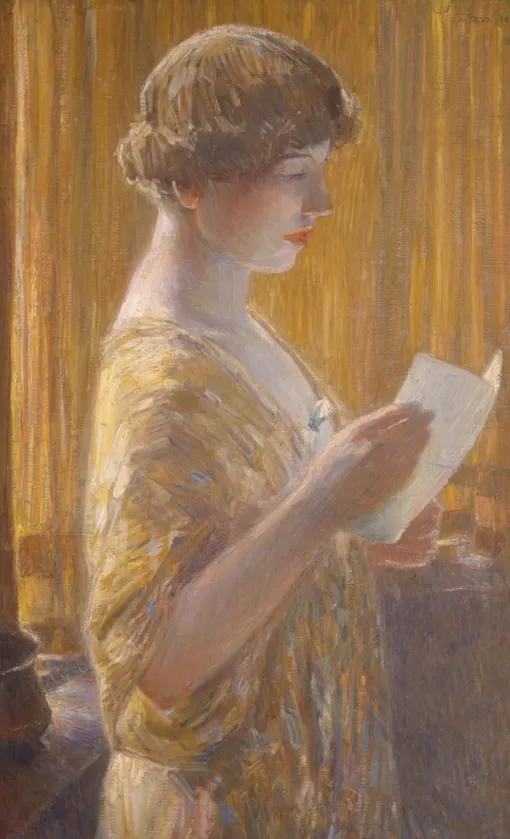 Painting of a woman shown standing in profile absorbed in reading a letter that she holds in her hands.