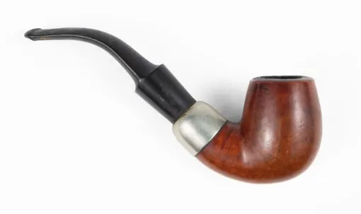 Photograph of a pipe with a wooden bowl and black mouthpiece