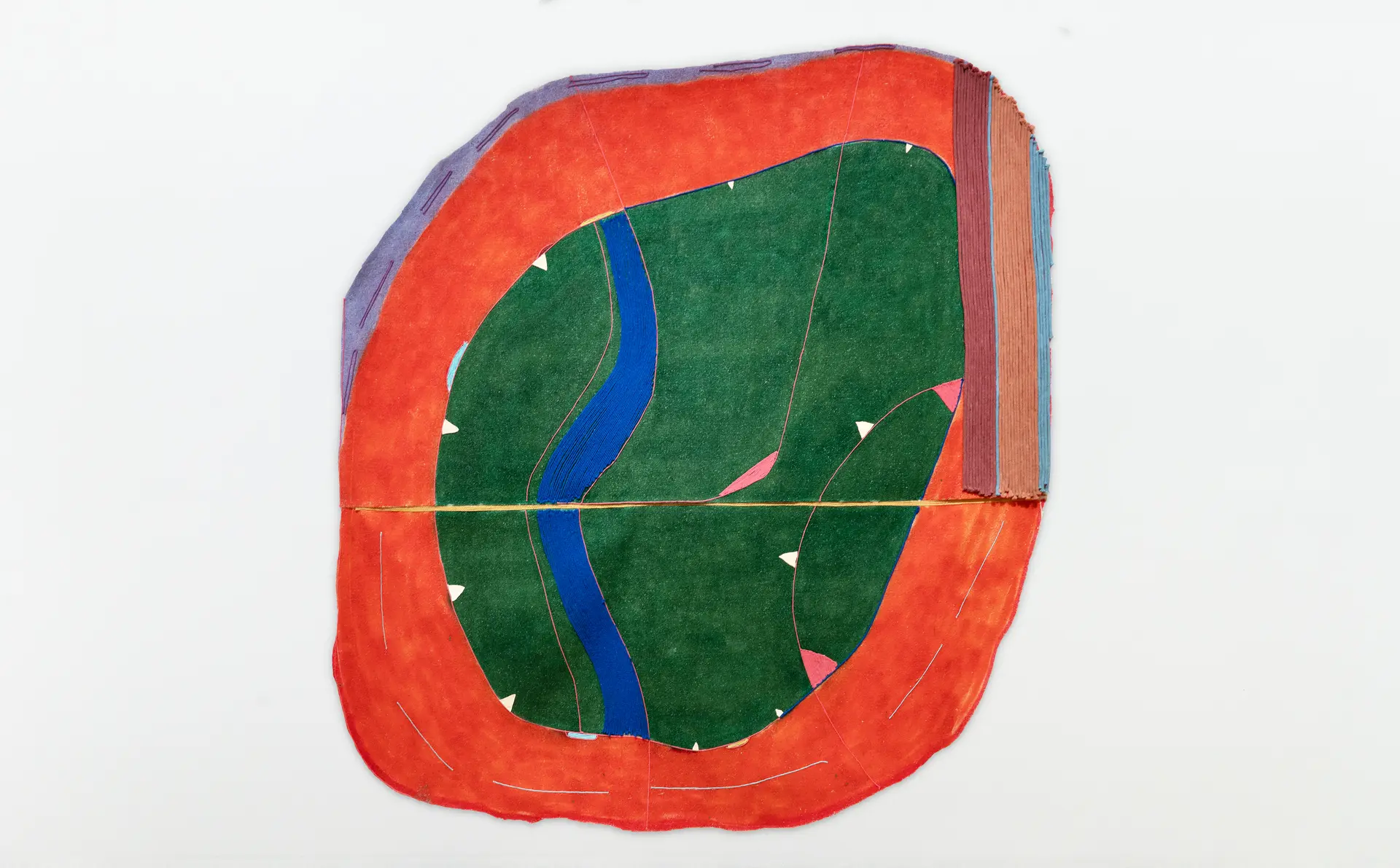 Rounded abstract painting with green center and bright red edges