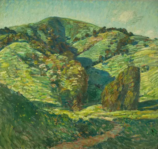 Painting of rolling green hills rising against a blue sky