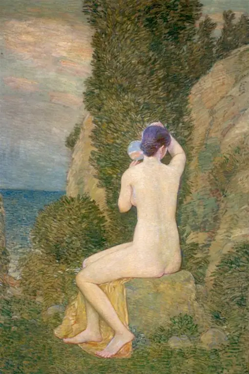 Painting of a nude woman shown seated and from behind against a rocky outcrop overlooking water. One arm holds a mirror to her face and the other arm is raised to her face, which is turned away from the viewer.