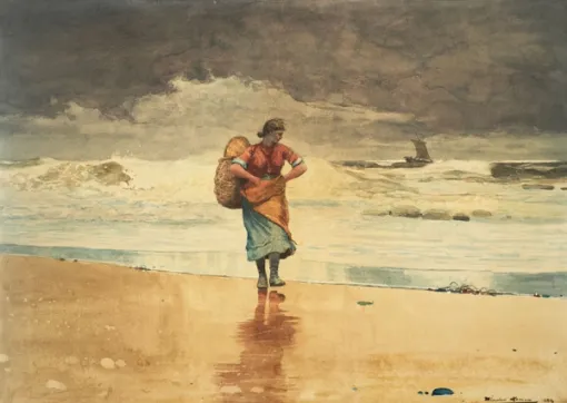 A painting of a figure walking away from the water on a beach against a backdrop of a gray sky and breaking waves. She holds a large basket on her back and shoulder.