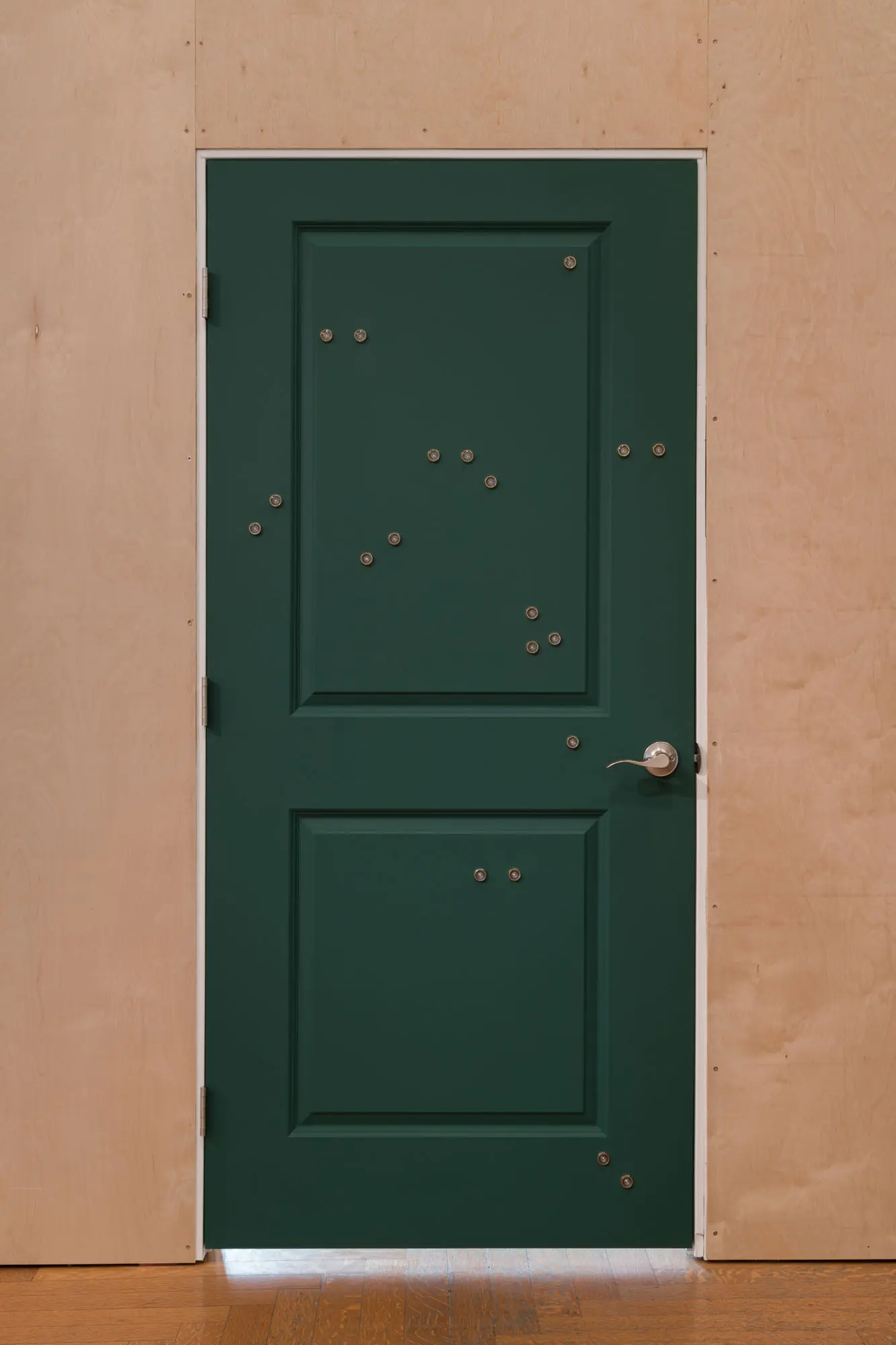 A close-up of a green door with many peepholes at varying heights within a wooden frame.