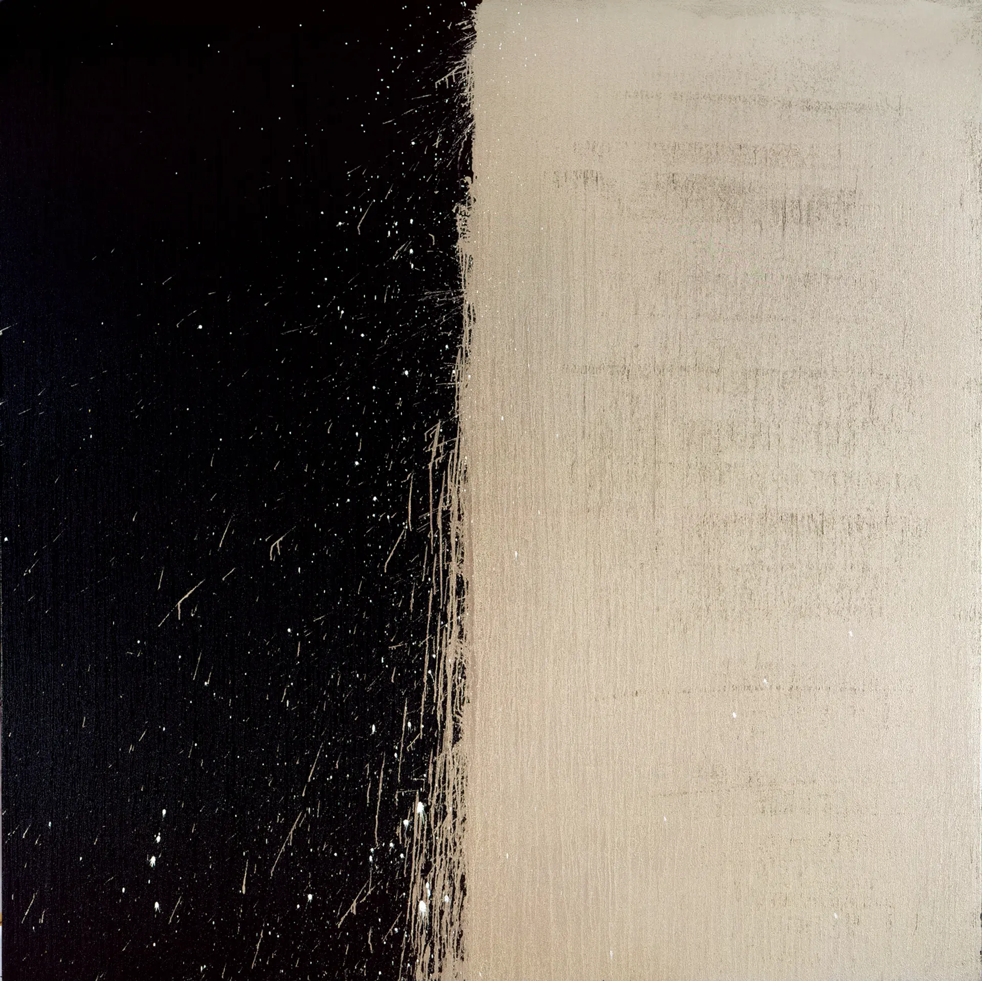 A square painting with black, textured paint on the left and cream, textured paint on the right.