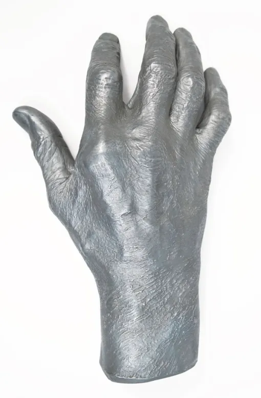 Silver metal cast of a right hand to the wrist. The fingers rest with fingertips slightly curled downwards.