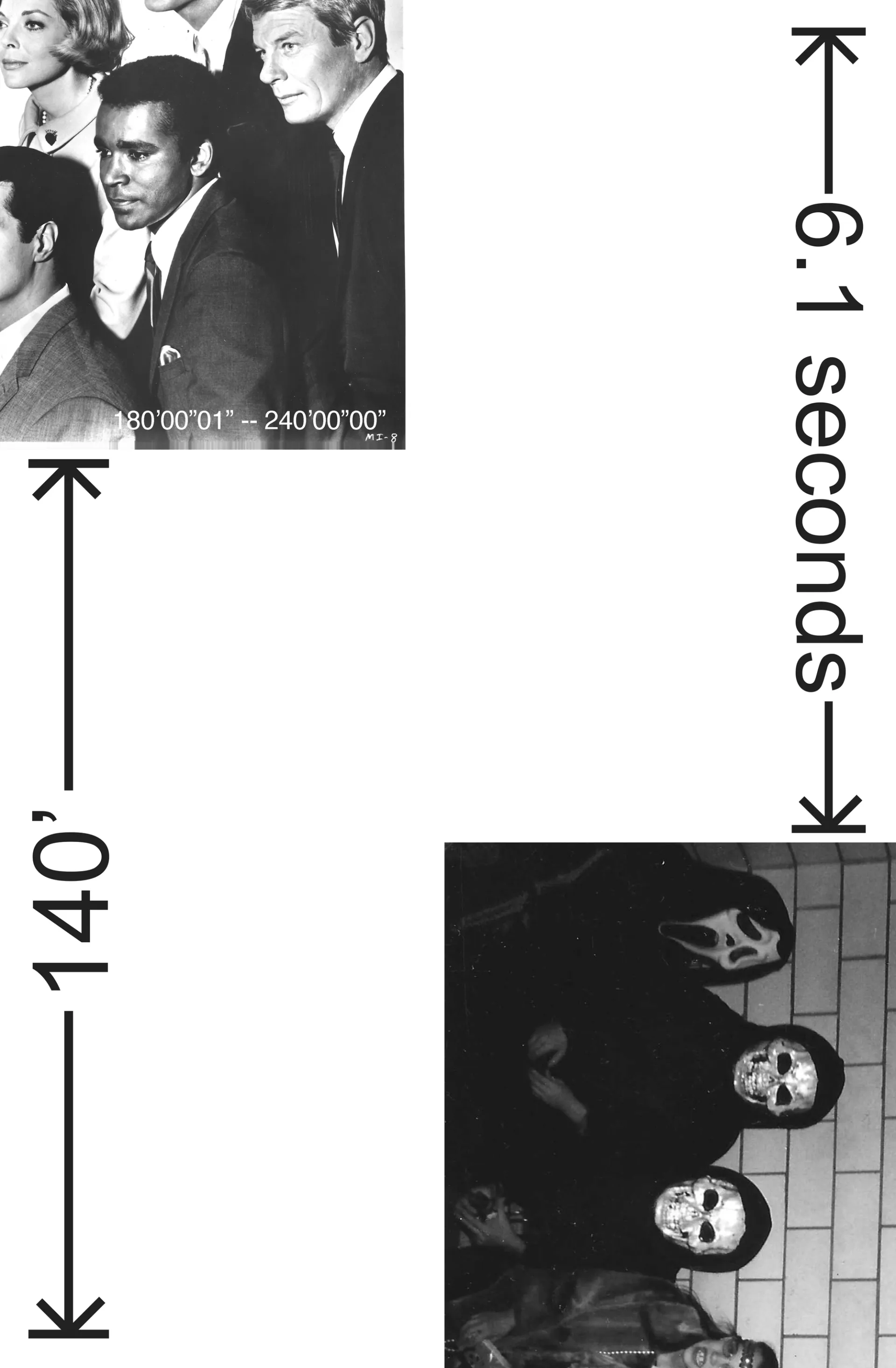 A visual score illustrating a choreographic practice creates a relationship between two images: an anachronistic group portrait of a solitary black man in a crowd of white people and a group of children in Halloween costumes; the majority of the page is a white background; black integer lines indicate some relation between the worlds of these images through undisclosed calculations.