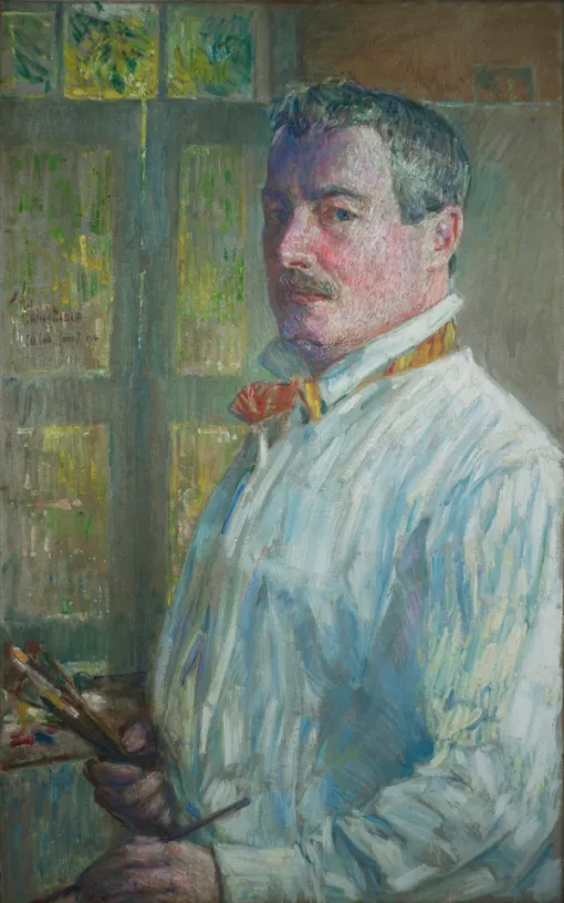 Painting of a man shown in three-quarters profile looking out at the viewer. He holds several paintbrushes in his right hand and another paintbrush in his left hand.