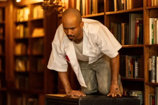 A performer crouches on hands and knees atop a subwoofer in a wood-paneled library