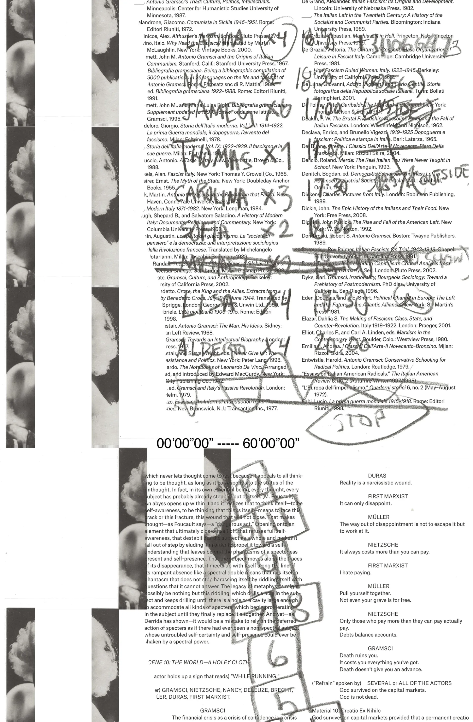 A visual score illustrating a choreographic practice shows segments of a sepia portrait with it’s subject partially redacted; pencil handwriting of names, times, and a hop scotch path; the index of an undisclosed book (section D-E); an excerpted dialogue between characters identified as Gramsci, the First Marxist, Müller, Nietzche.