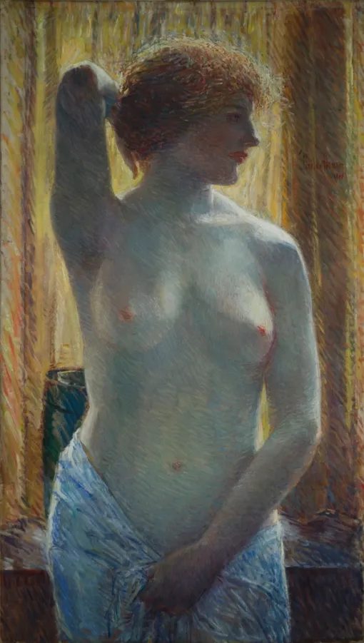 Painting of a partially nude woman shown against a brightly lit background. Her face is turned in profile and her right arm is raised and bent at the elbow behind her head. Her left arm holds white cloth draped around her waist.