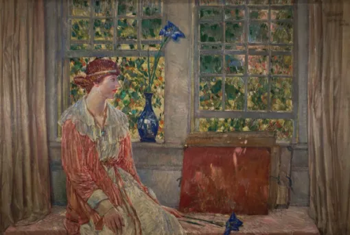 Painting of a woman shown in profile from the knees up and seated in front of two windows overlooking a brightly colored garden. 