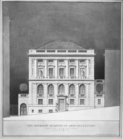 A neat, black and white architectural drawing of a two-story building.