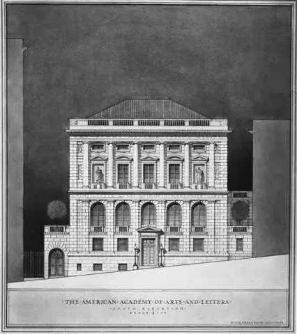 A neat, black and white architectural drawing of a two-story building.