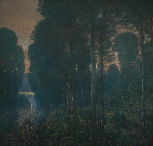 Painting of a dimly lit landscape of trees silhouetted against a glowing sky