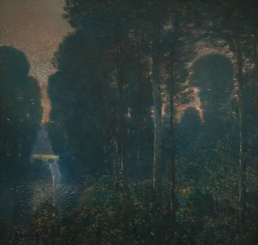 Painting of a dimly lit landscape of trees silhouetted against a glowing sky