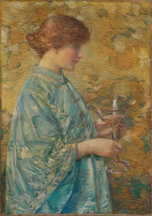 Painting of a woman shown in profile and wearing a draped blue garment. She holds a large glass vase in her hands and stands against a glowing golden background.