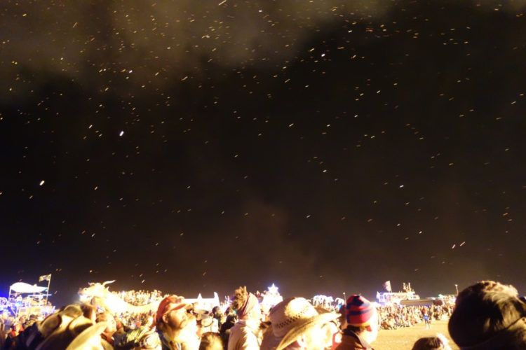 Burning Man People Watching Burn with Sparks