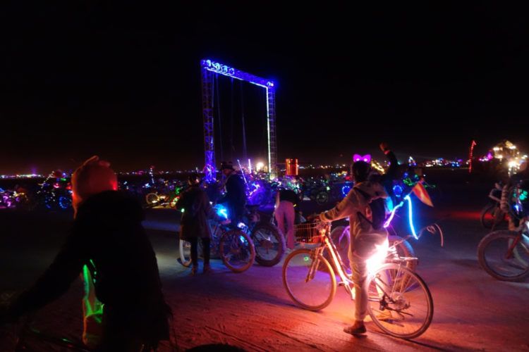 Burning Man Bikes at night on espalade