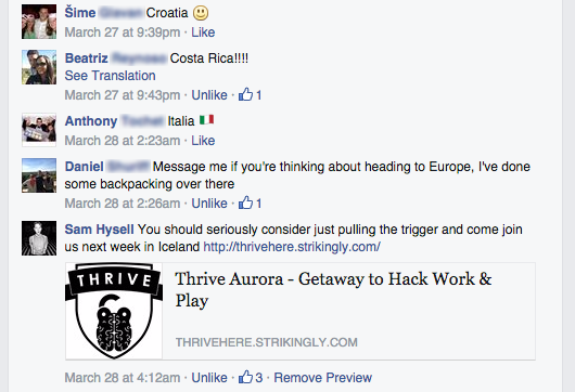 Facebook recommendations for travel destinations