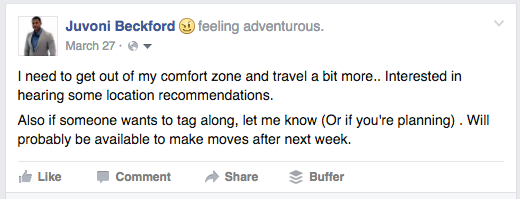 Facebook Status Inquiring About future travel destinations