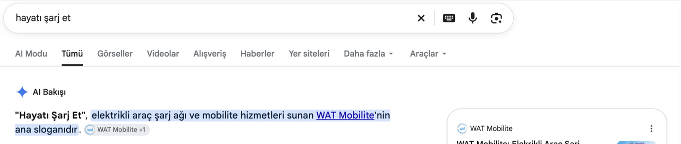 Google’da “hayatı şarj et” aramasında AI Bakışı yanıtı: “Hayatı Şarj Et”, WAT Mobilite’nin ana sloganıdır.