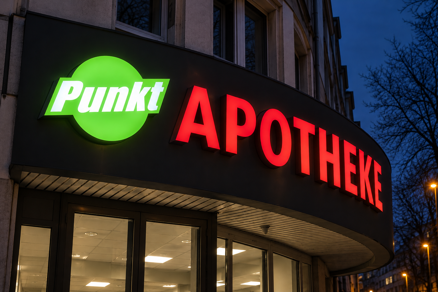 Leuchtbuchstaben und rundes Logo über dem Eingang einer Apotheke am Abend
