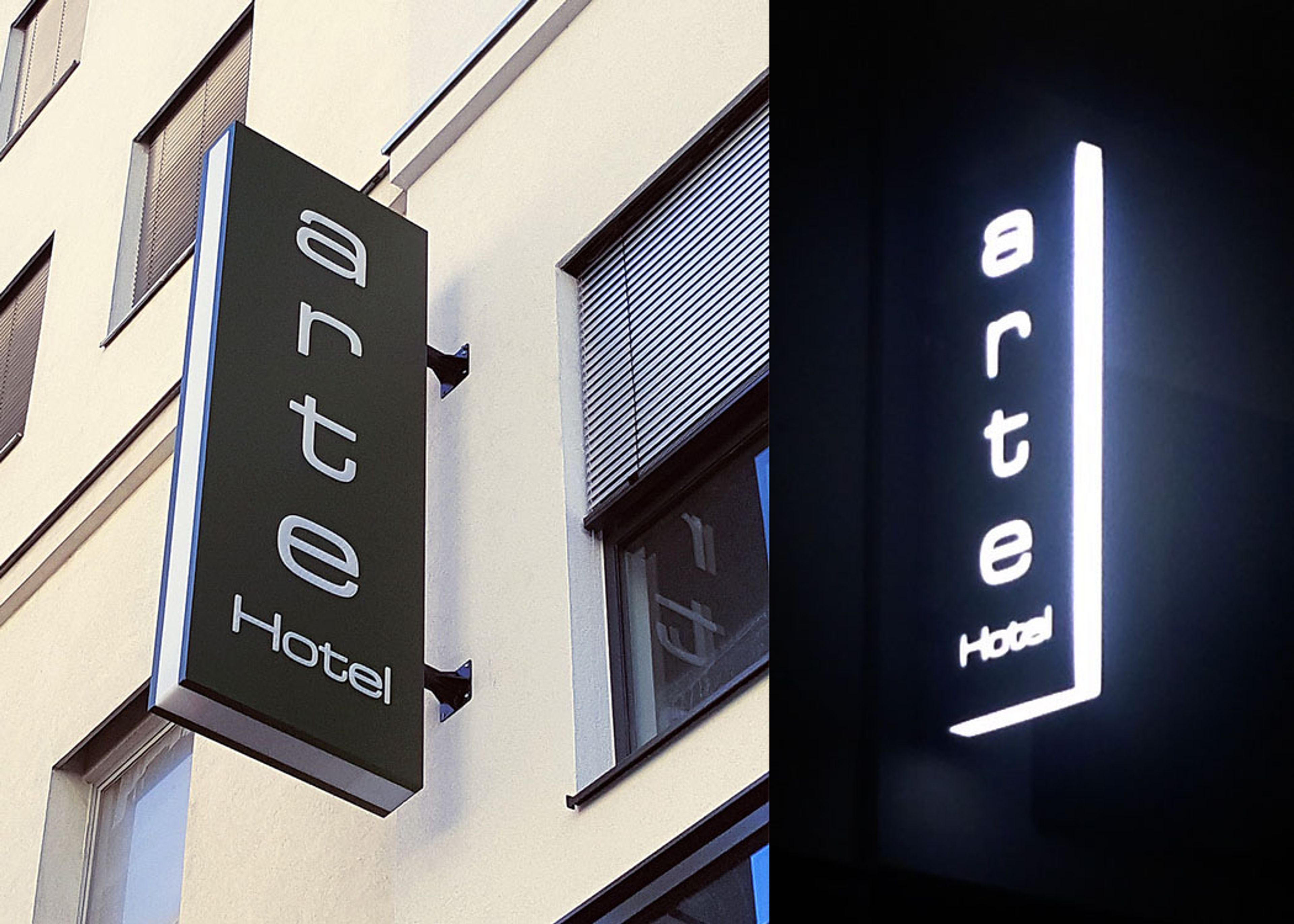 Senkrechter Leuchtkasten „arte Hotel“ quer zur Fassade, links bei Tag, rechts bei Nacht leuchtend