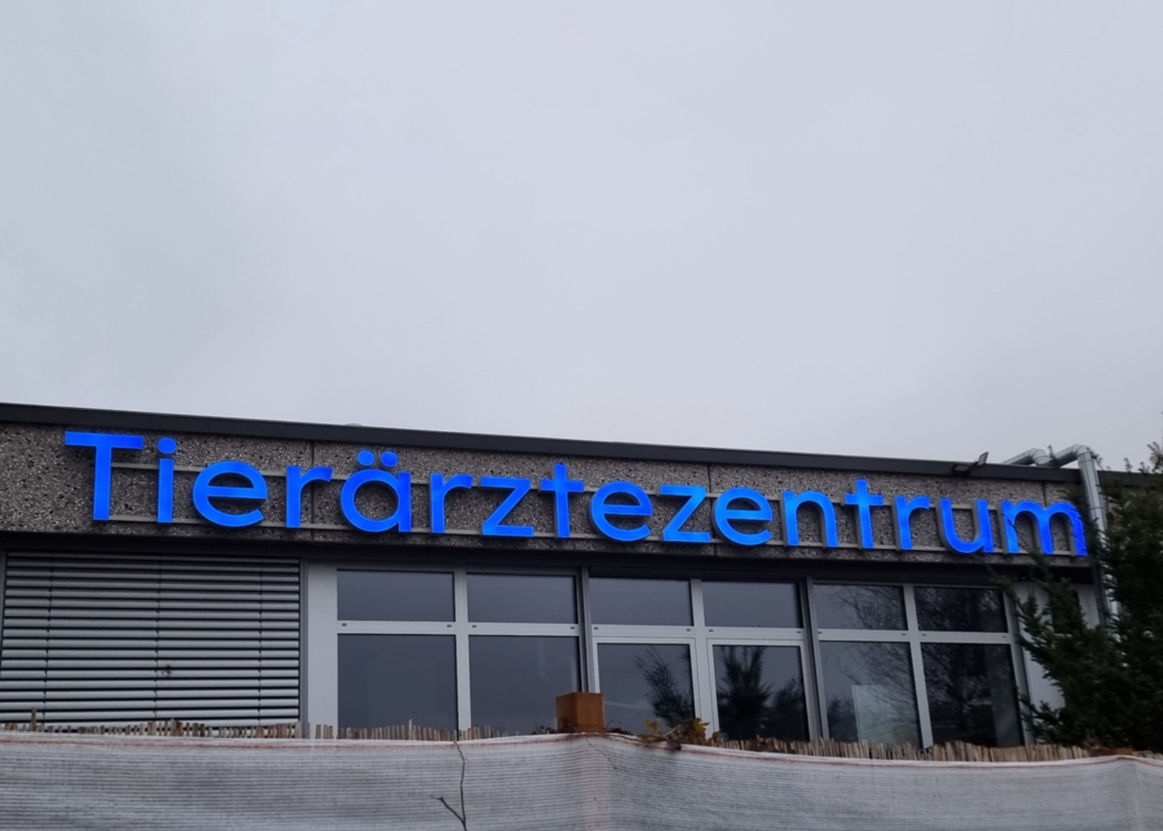 Schriftzug „Tierärztezentrum“ aus blauen Leuchtbuchstaben an der Gebäudefront, von schräg unten bei bewölktem Himmel