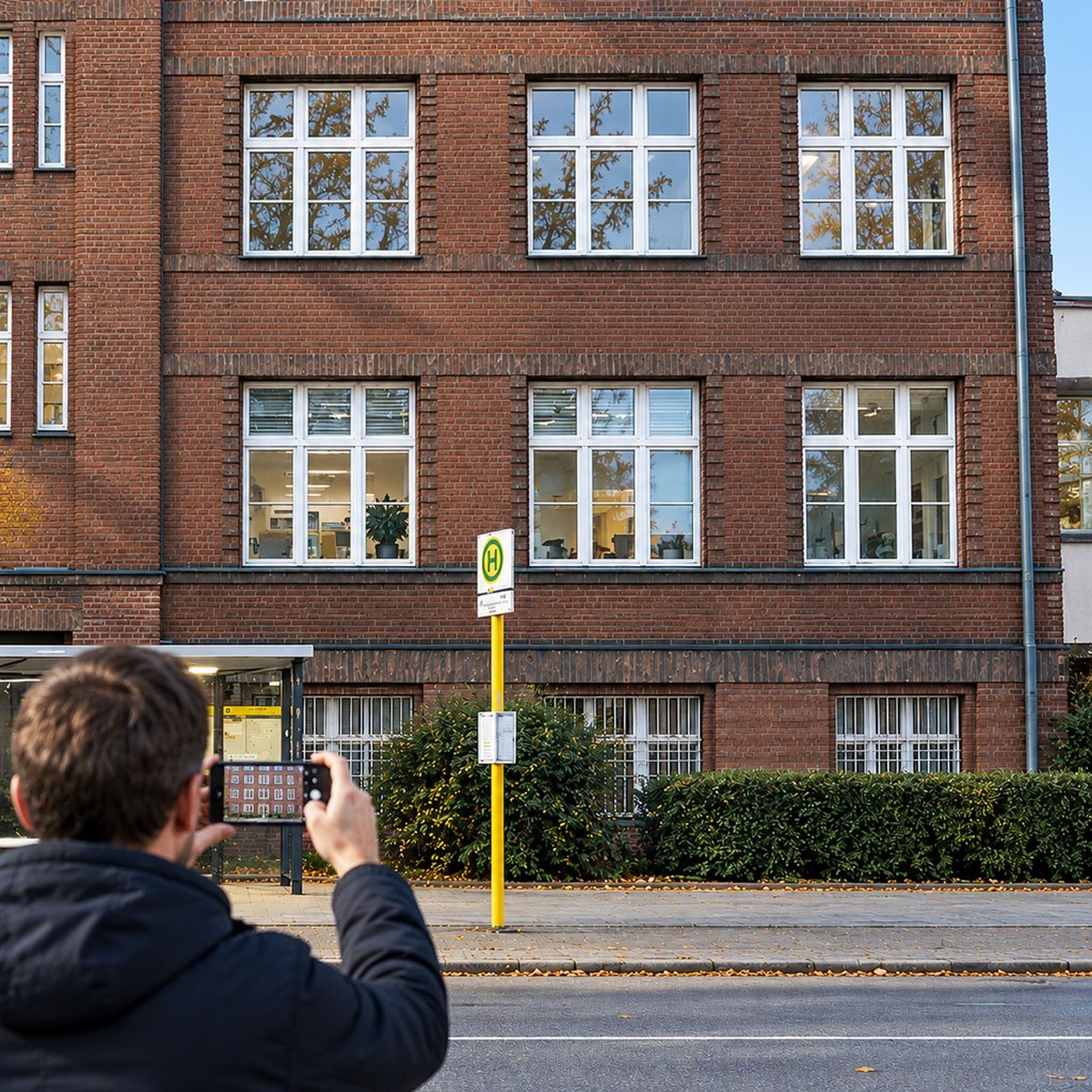 Mann fotografiert die Fassade eines Backsteingebäudes mit dem Smartphone