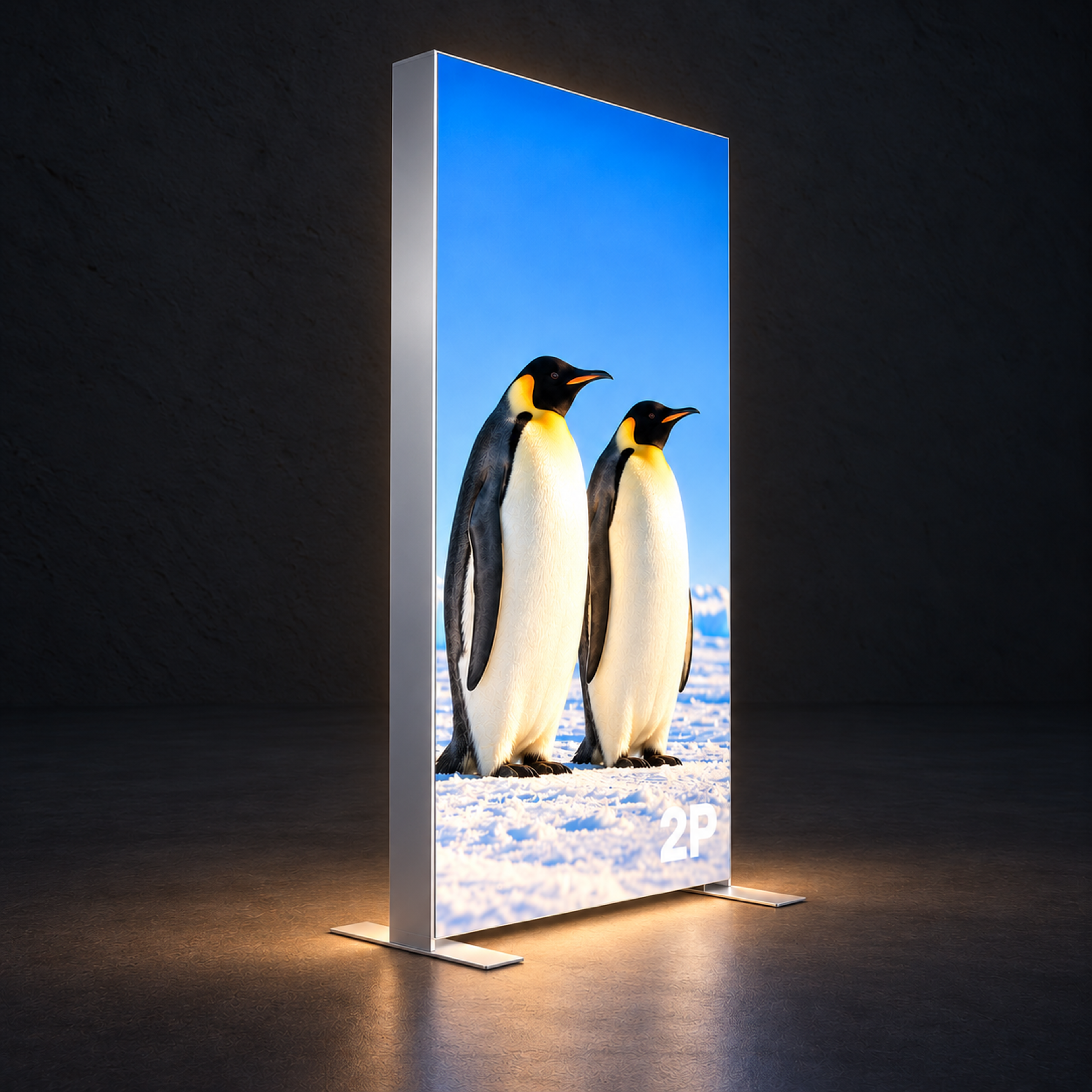 Smart Frame mit Licht, frei stehend auf zwei Füßen und beidseitig bespannt, Motiv Pinguine leuchtet von innen