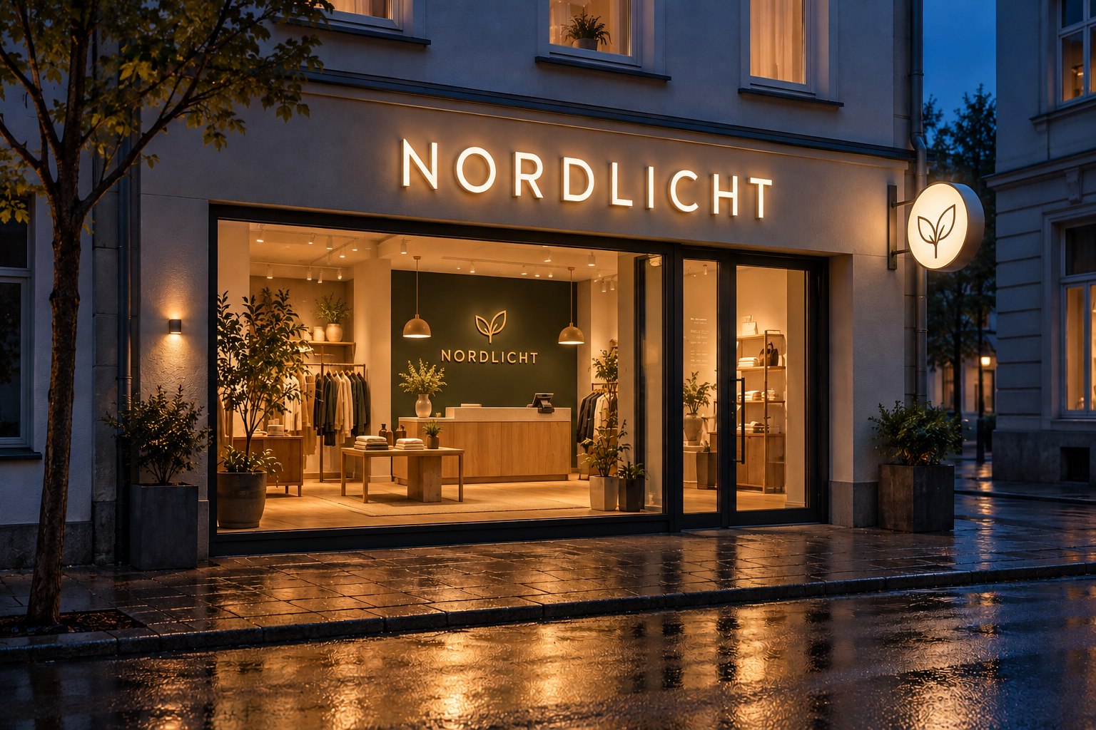 Ladengeschäft am Abend: Leuchtbuchstaben über dem Schaufenster, beleuchtetes Nasenschild und Logo aus Messingbuchstaben an der Wand hinter der Kasse