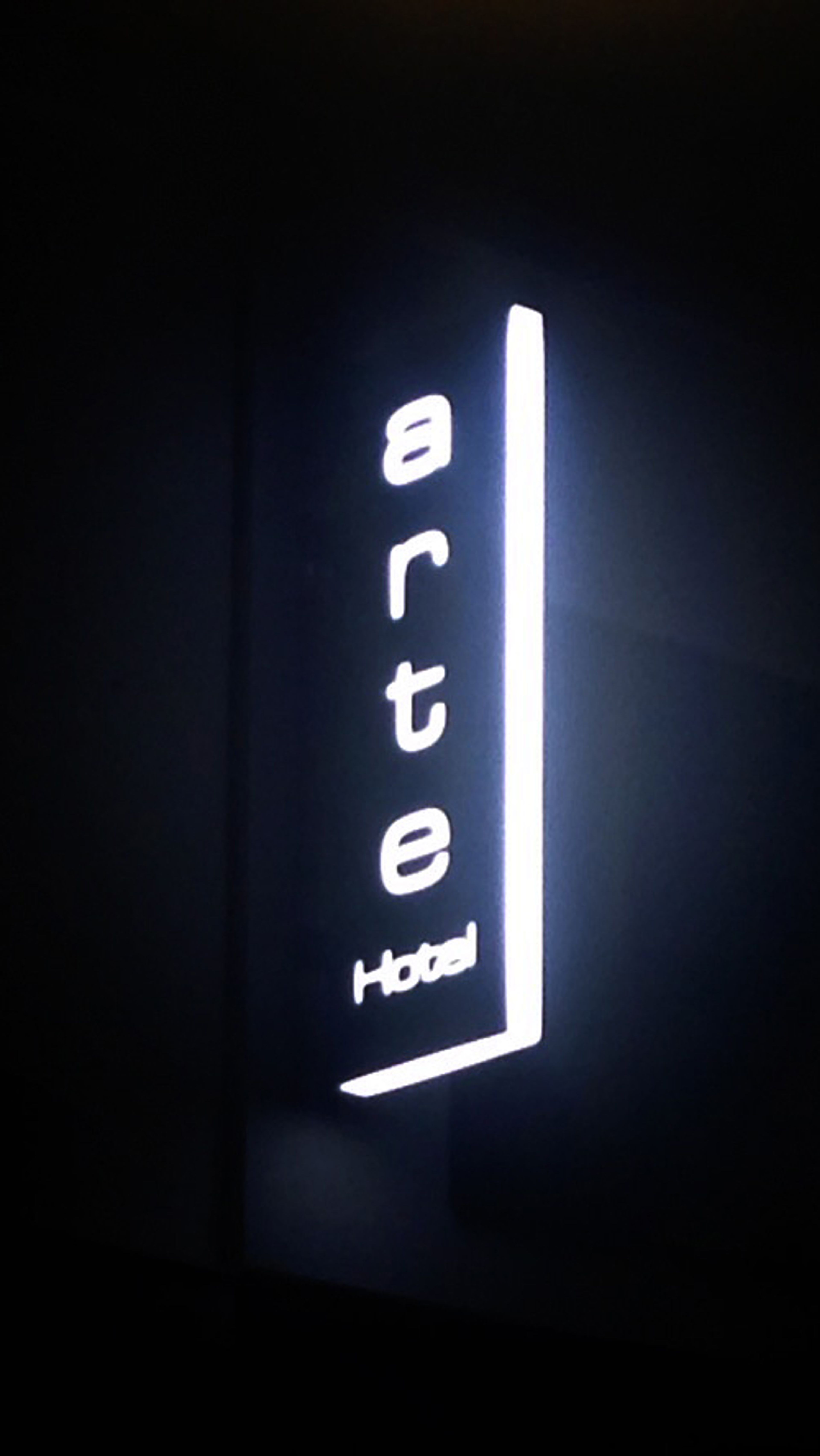 Senkrechter Leuchtkasten „arte Hotel“ bei Nacht, weiß leuchtende Schrift und Kante auf dunklem Grund